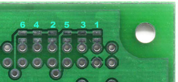 Bottom view of the amplifier board - the channel-selecting solder bridges.